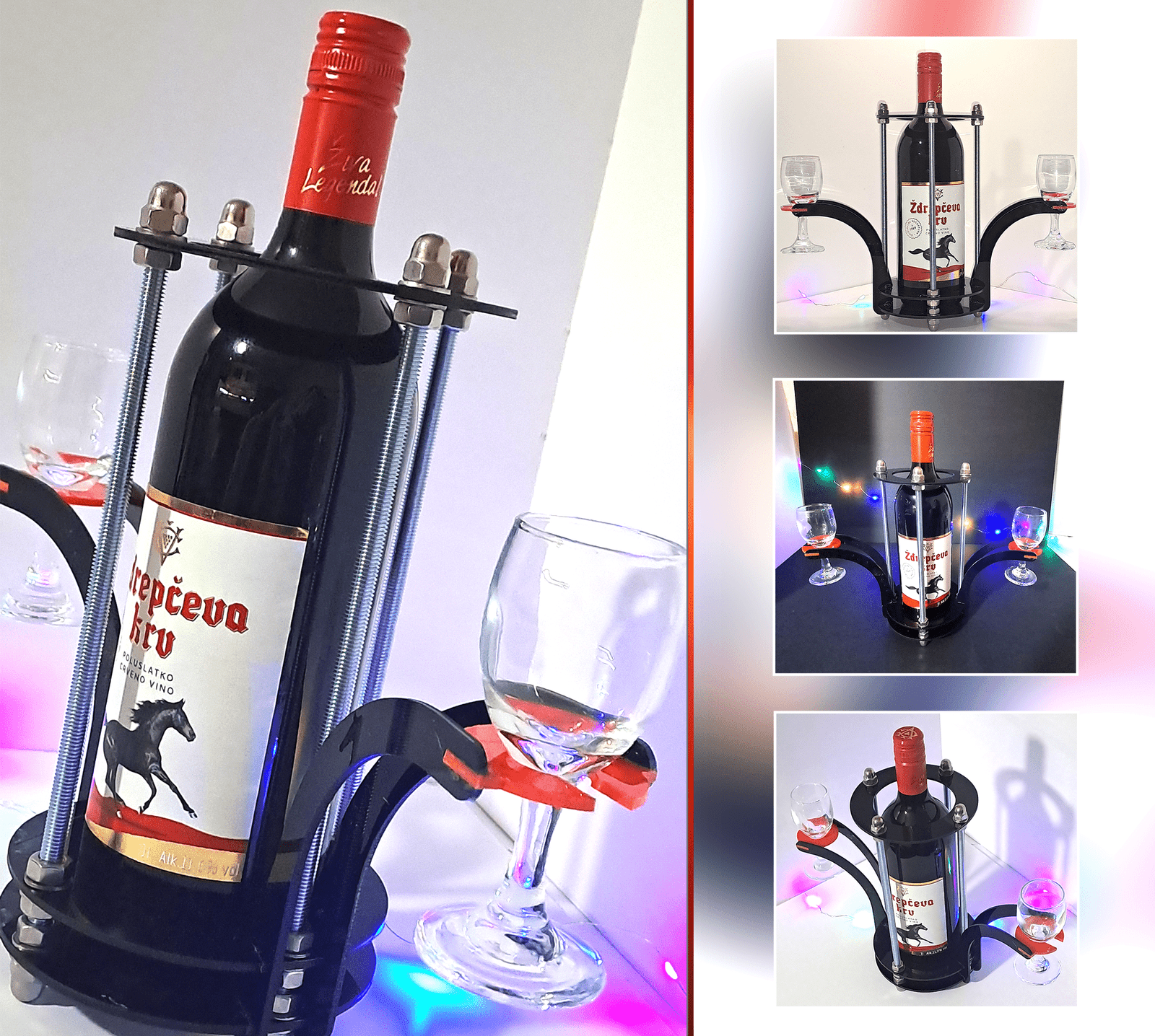 Stalak za vino sa dvije čaše! 2 Drveni stalak za vino s metalnim detaljima - personalizirani